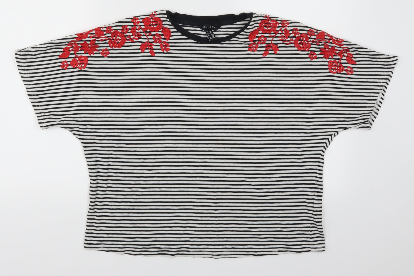New Look Womens Black Striped  Basic T-Shirt Size 12  - Flowers