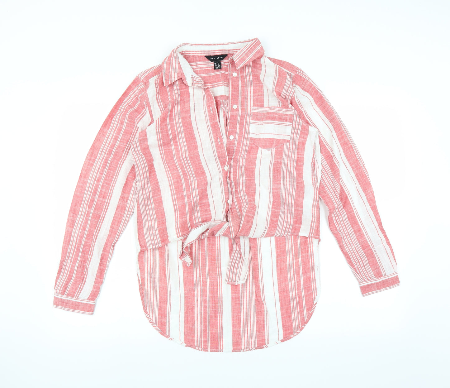 New Look Womens Red Striped  Basic Blouse Size 6  - tie front low hem at back