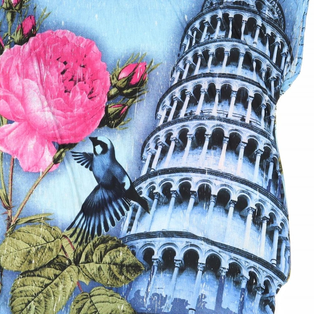 Preworn Womens Blue Floral  Basic T-Shirt Size XL