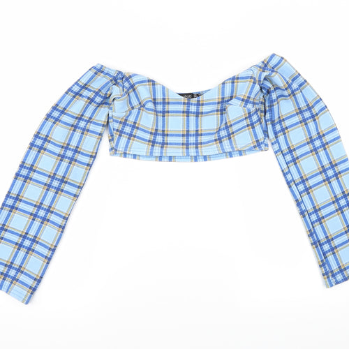 Boohoo Womens Blue Check  Cropped T-Shirt Size 10