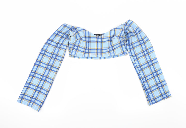 Boohoo Womens Blue Check  Cropped T-Shirt Size 10