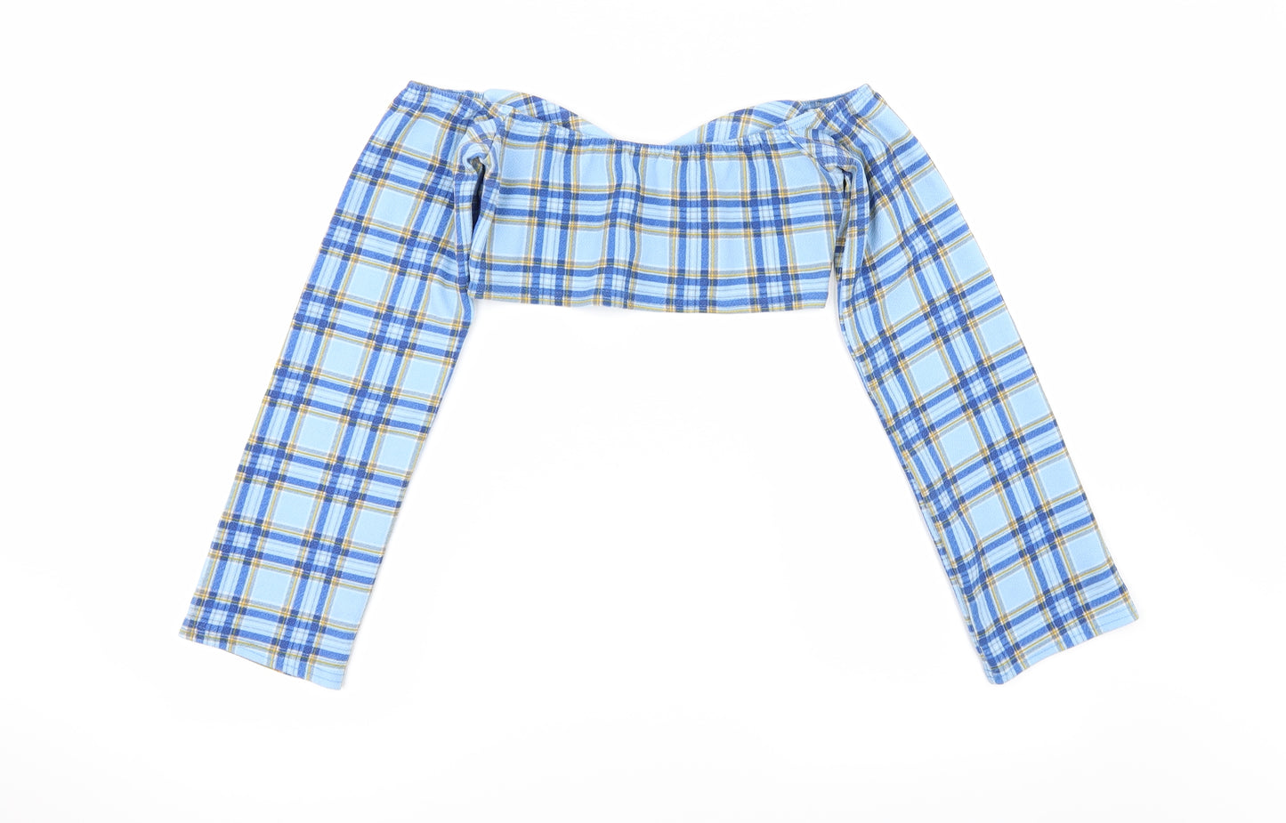 Boohoo Womens Blue Check  Cropped T-Shirt Size 10