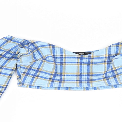 Boohoo Womens Blue Check  Cropped T-Shirt Size 10
