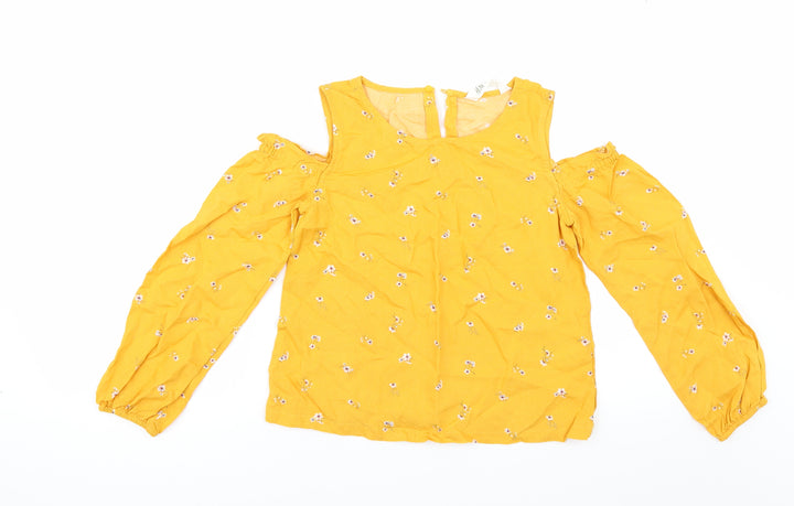 H&M Girls Yellow Floral  Tunic Blouse Size 12 Years  - cold shoudler