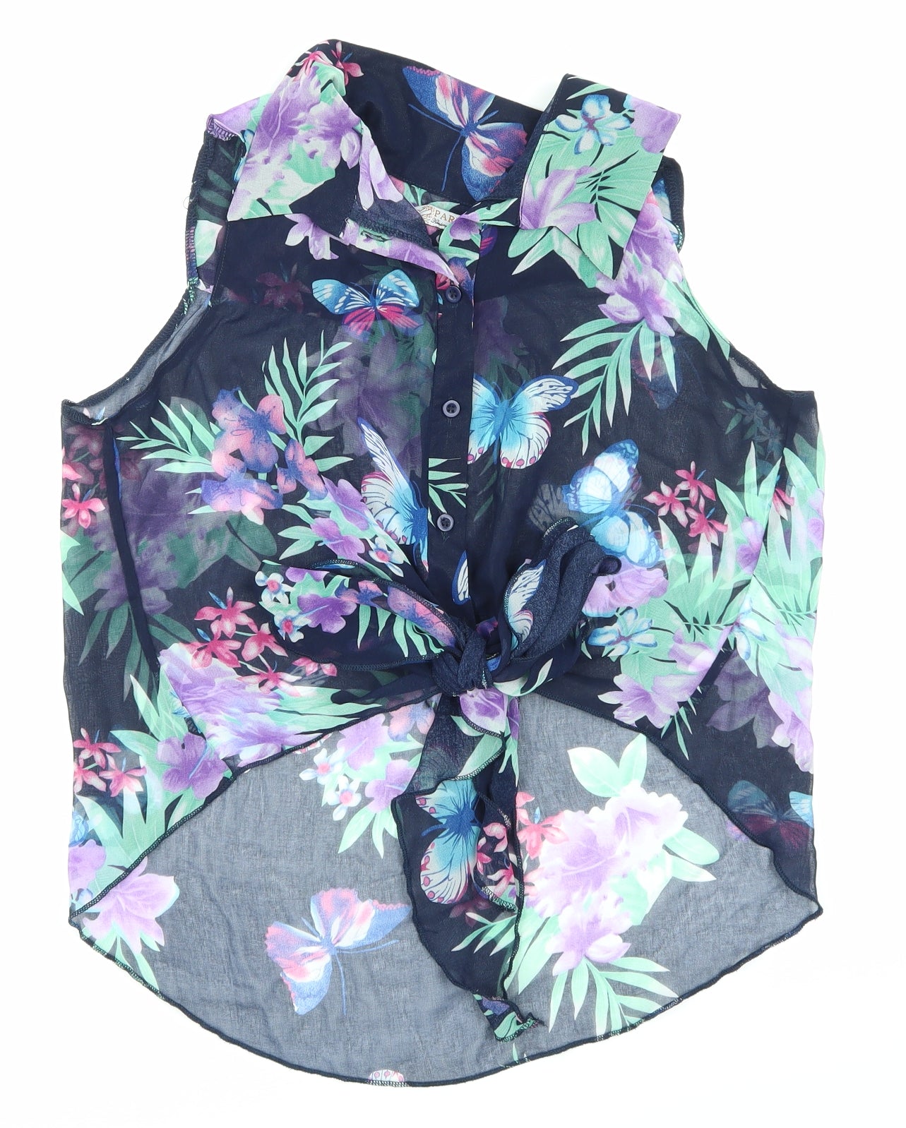 PARISIAN Womens Blue Floral Mesh Basic T-Shirt Size 12