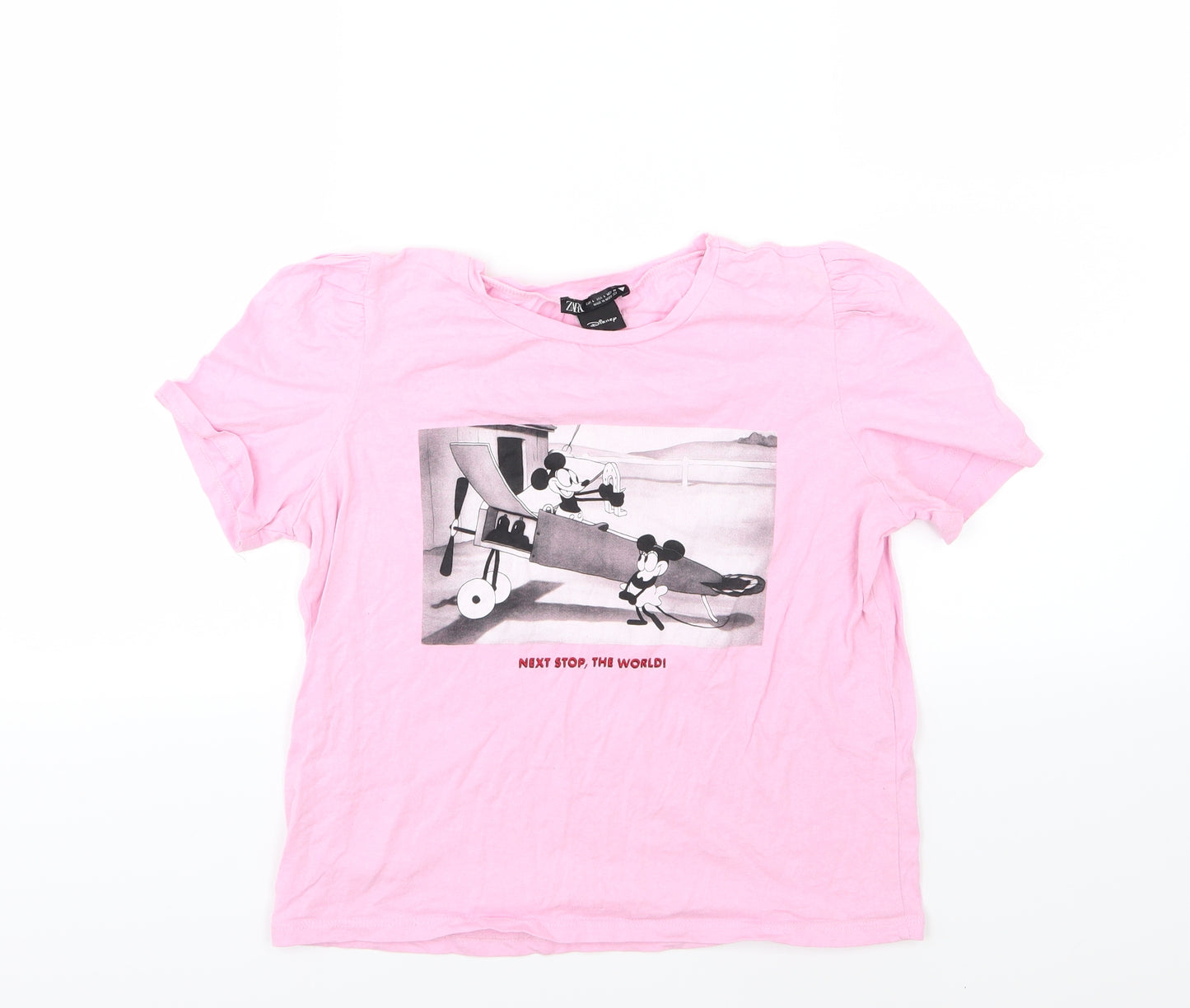Zara Womens Pink  Jersey Basic T-Shirt Size L  - Mickey and Minnie Mouse Cropped