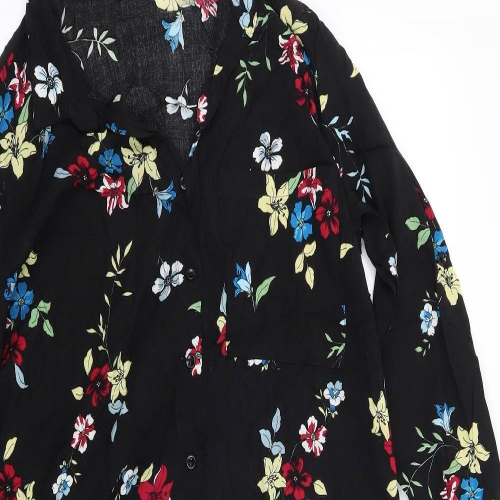 Preworn Womens Black Floral  Basic Button-Up Size L