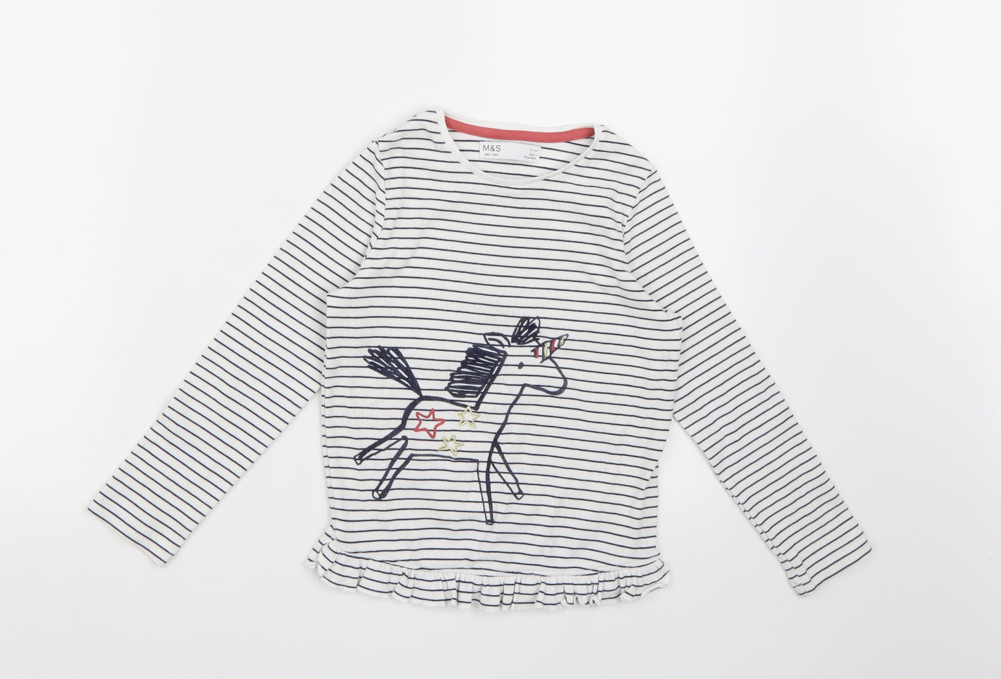 Marks and Spencer Girls White Striped  Basic T-Shirt Size 6-7 Years