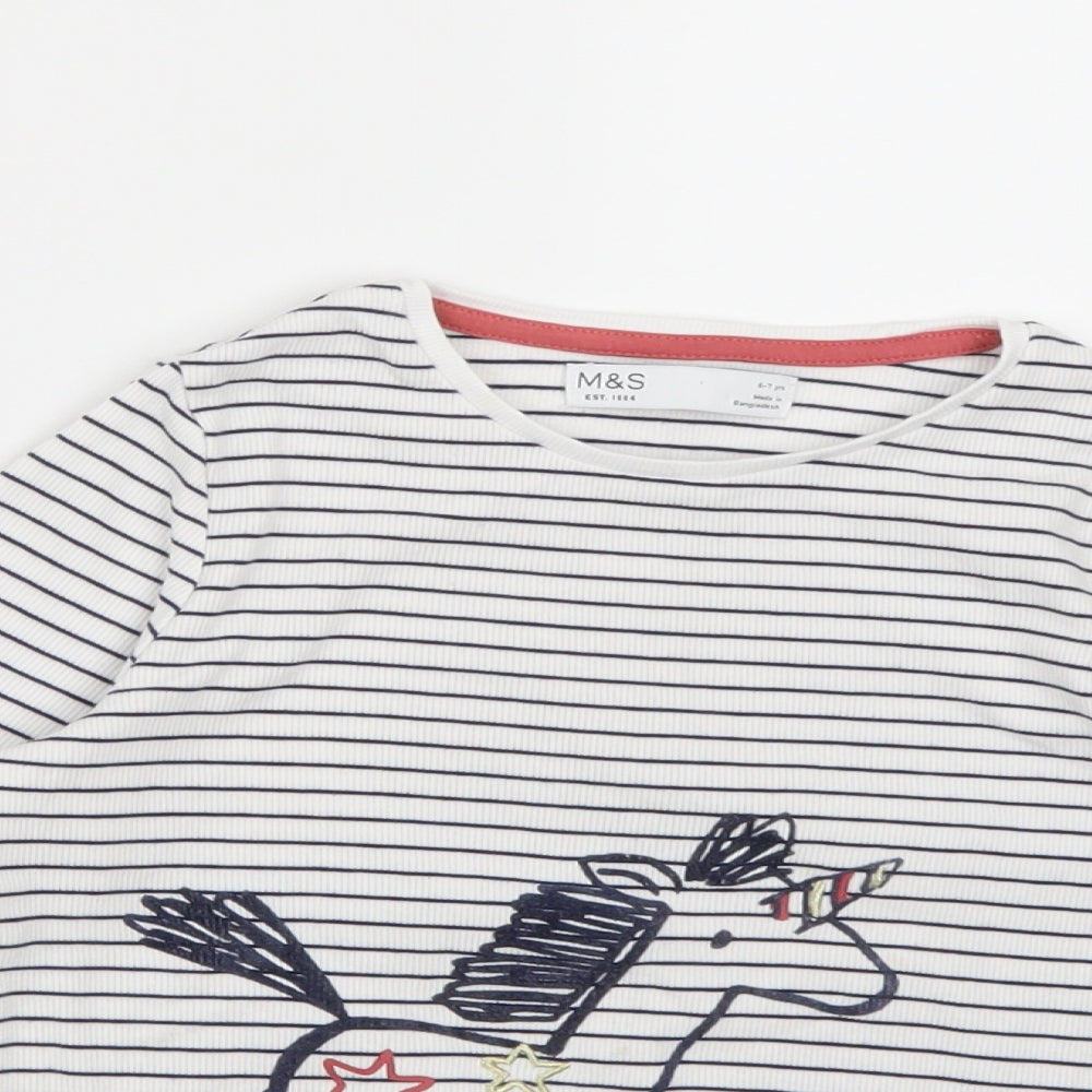 Marks and Spencer Girls White Striped  Basic T-Shirt Size 6-7 Years