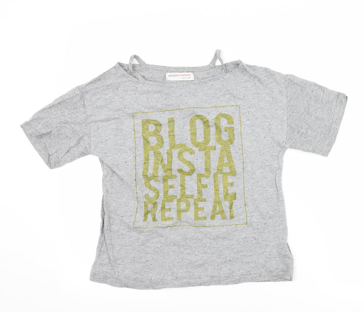 Minoti Girls Grey Basic T-Shirt Size 9-10 Years - slogan cut out shoulders
