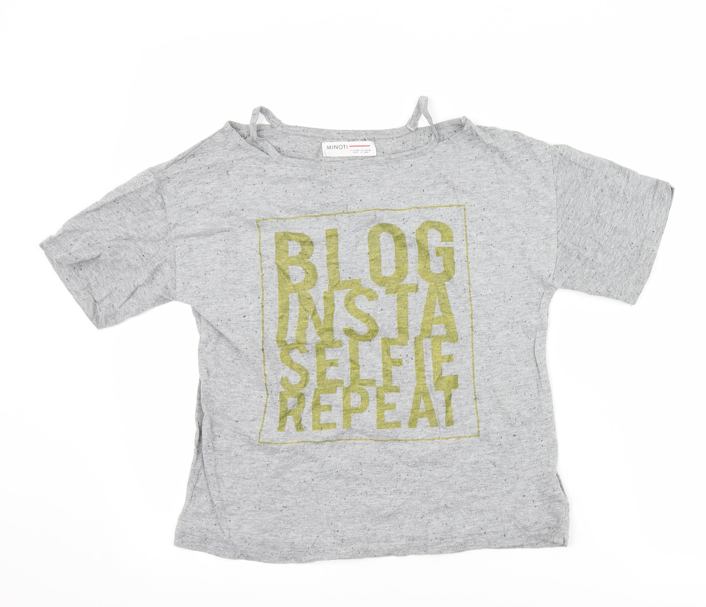 Minoti Girls Grey   Basic T-Shirt Size 9-10 Years  - slogan cut out shoulders
