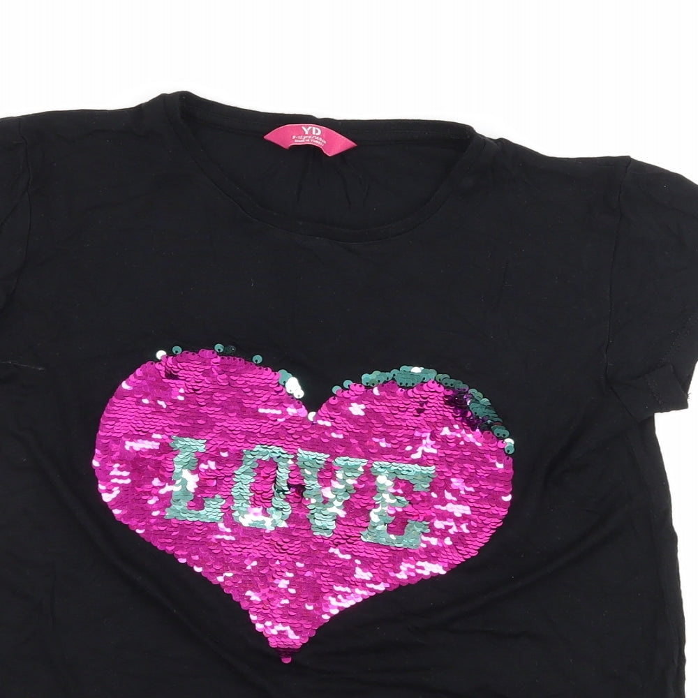Young Dimension Girls Black   Basic T-Shirt Size 9-10 Years  - Love heart