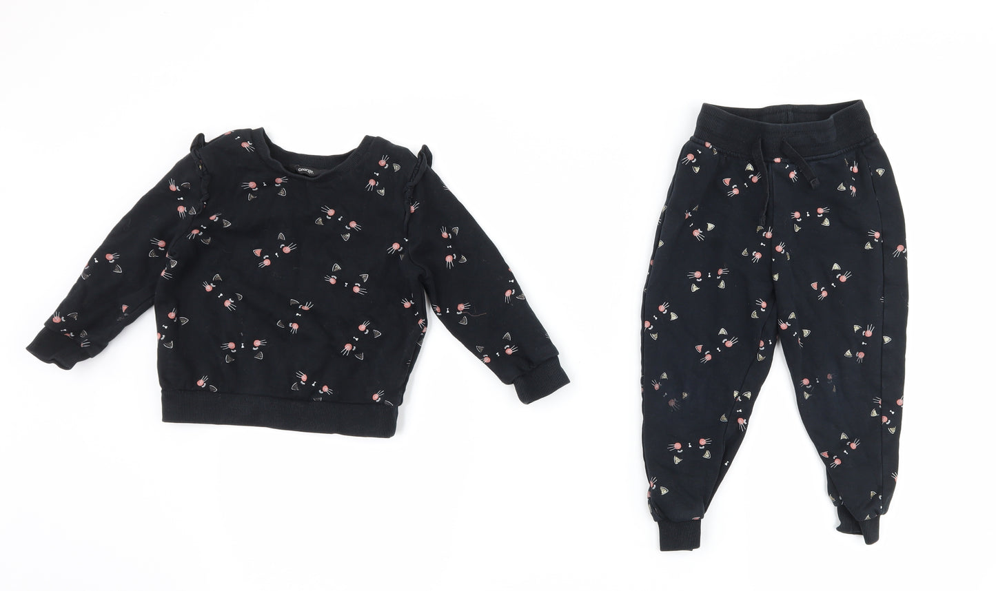 George Girls Black   Trousers Set Outfit/Set Size 18-24 Months  - Cat Print sweatshirt and jogger outfit