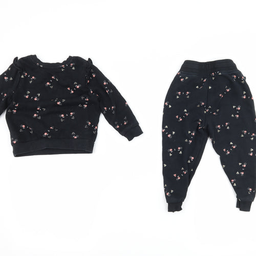 George Girls Black   Trousers Set Outfit/Set Size 18-24 Months  - Cat Print sweatshirt and jogger outfit