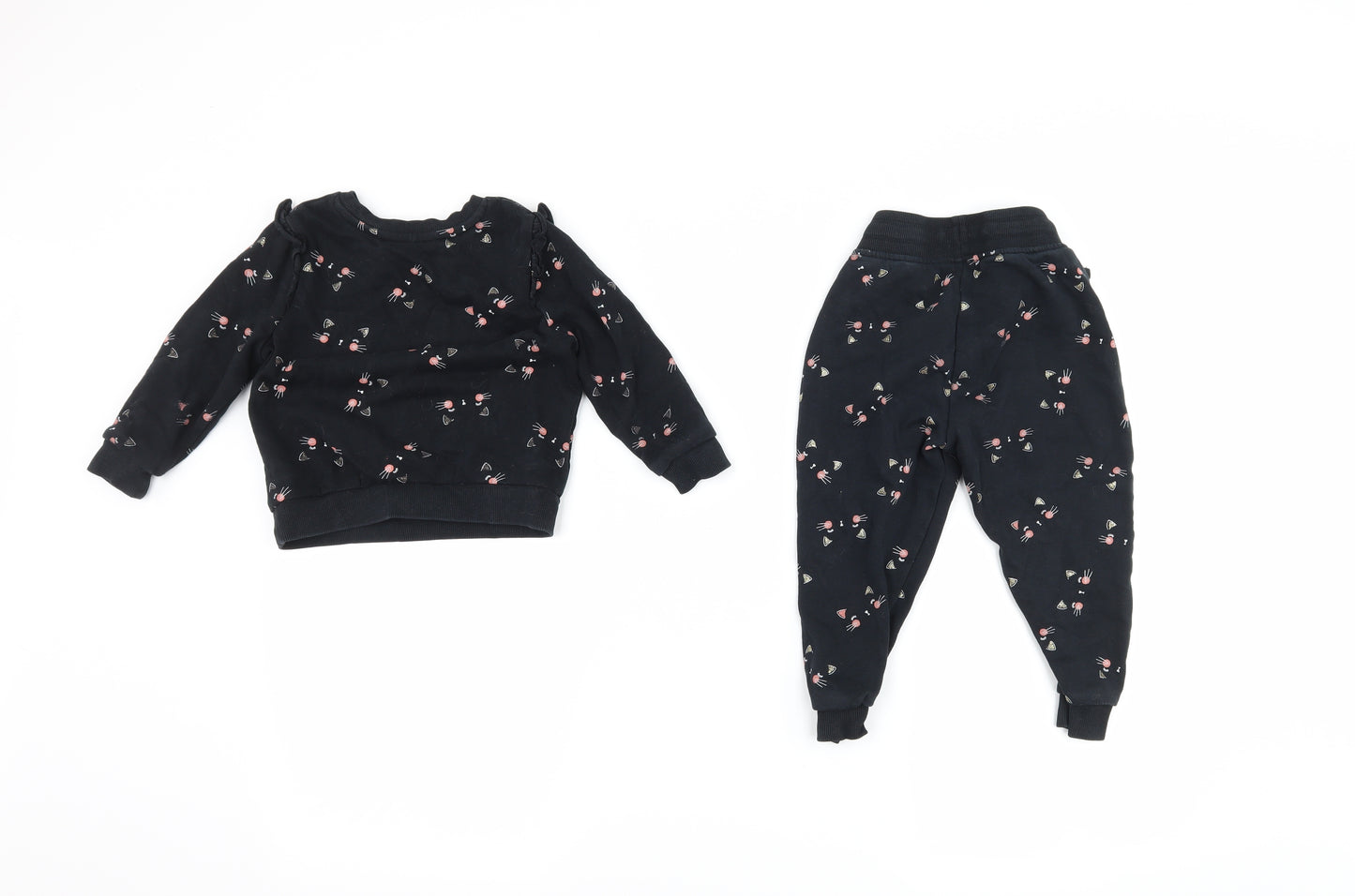 George Girls Black   Trousers Set Outfit/Set Size 18-24 Months  - Cat Print sweatshirt and jogger outfit