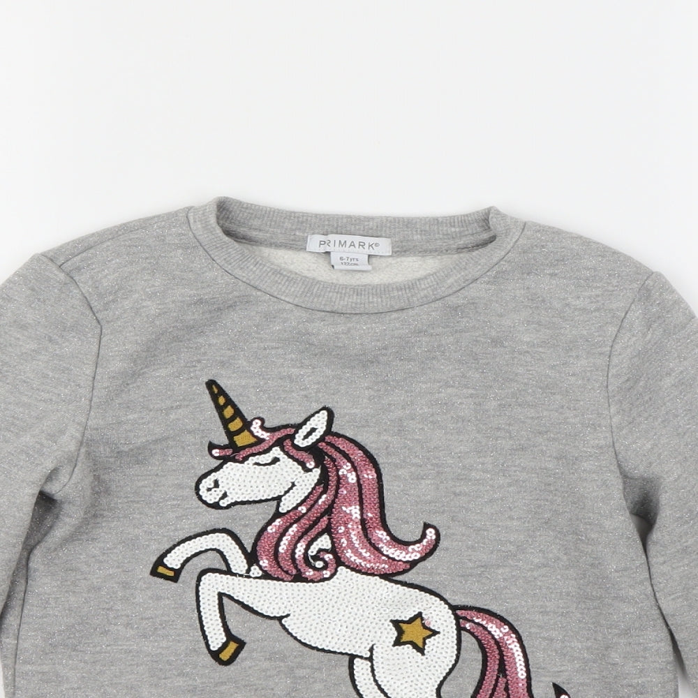 Primark Girls Grey   Pullover Jumper Size 6-7 Years  - Unicorn