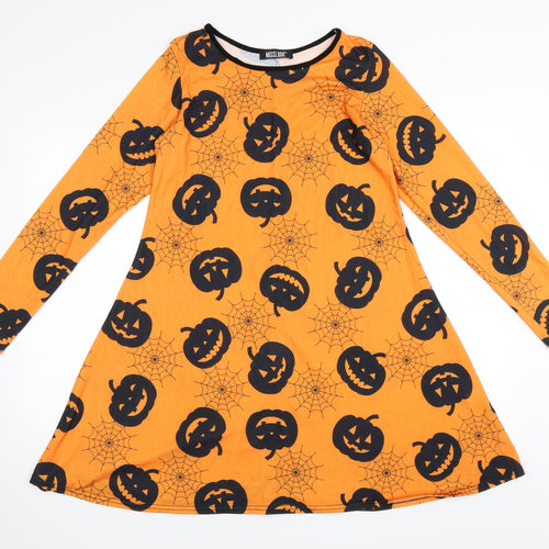 Miss Look Womens Orange   T-Shirt Dress  Size S  - Pumpkins and Spider Webs