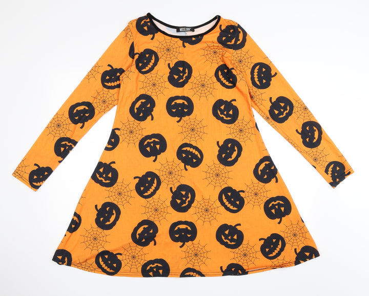 Miss Look Womens Orange   T-Shirt Dress  Size S  - Pumpkins and Spider Webs