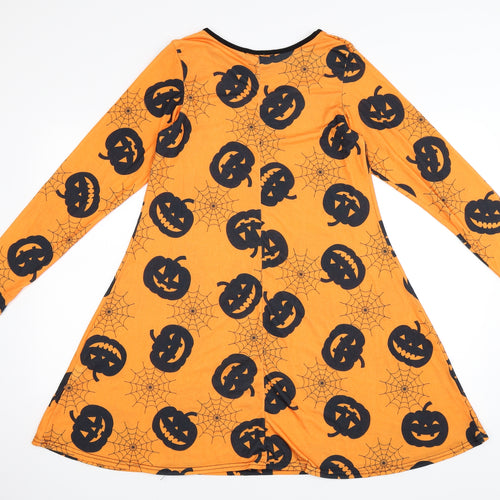 Miss Look Womens Orange   T-Shirt Dress  Size S  - Pumpkins and Spider Webs