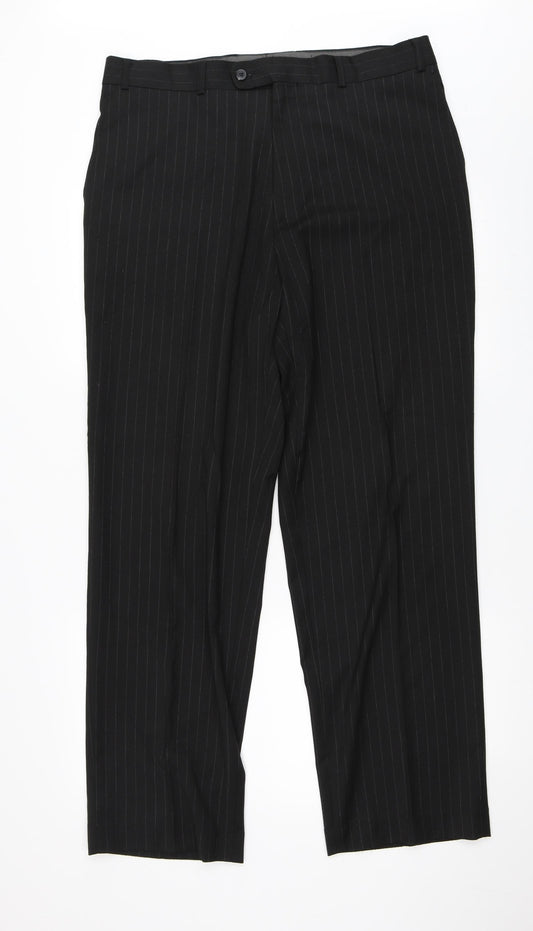 Front view of Blakes men’s black trousers, size 36, in, 31-inch leg