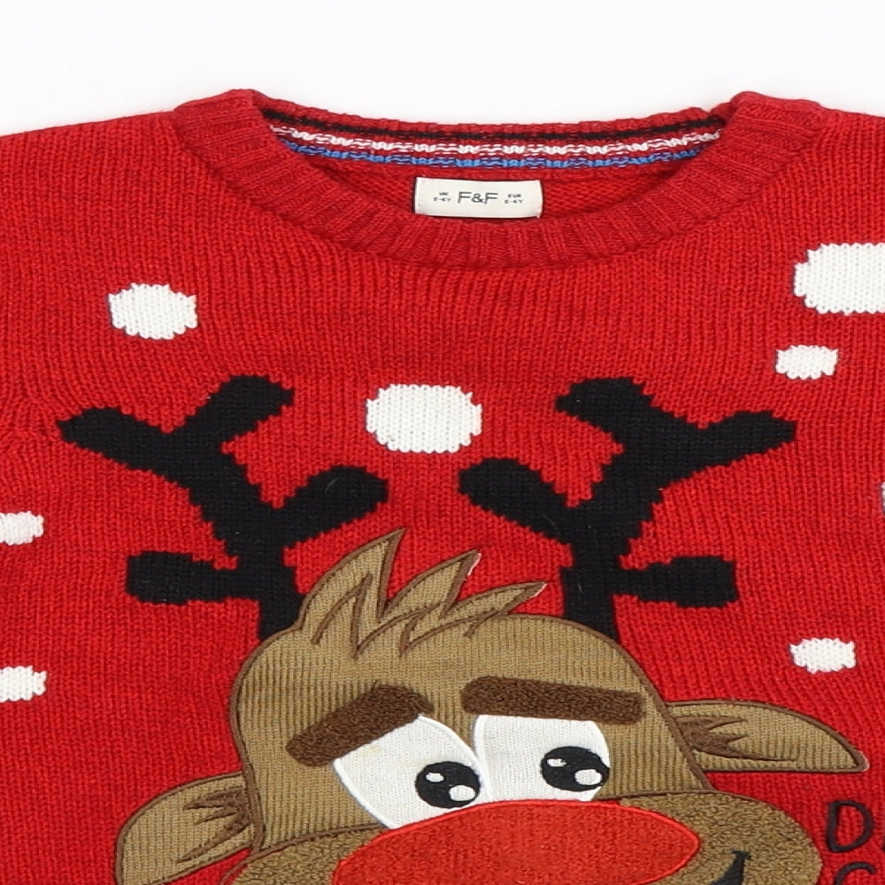 F&F Boys Red   Pullover Jumper Size 5-6 Years  - Christmas Reindeer