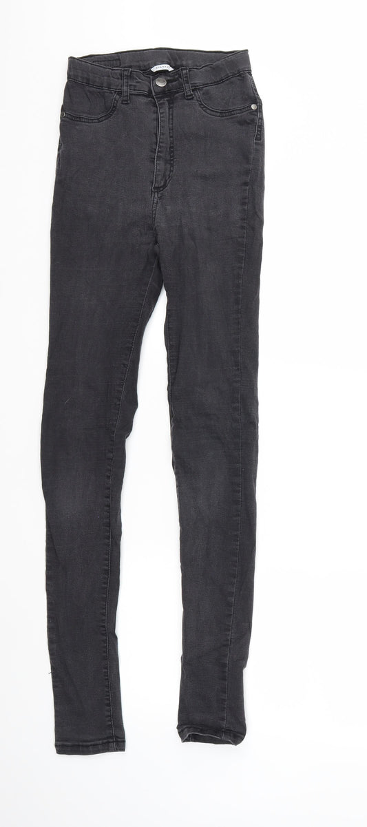 Front view of SHAPE women’s black denim skinny jeans, size S, 31-inch leg