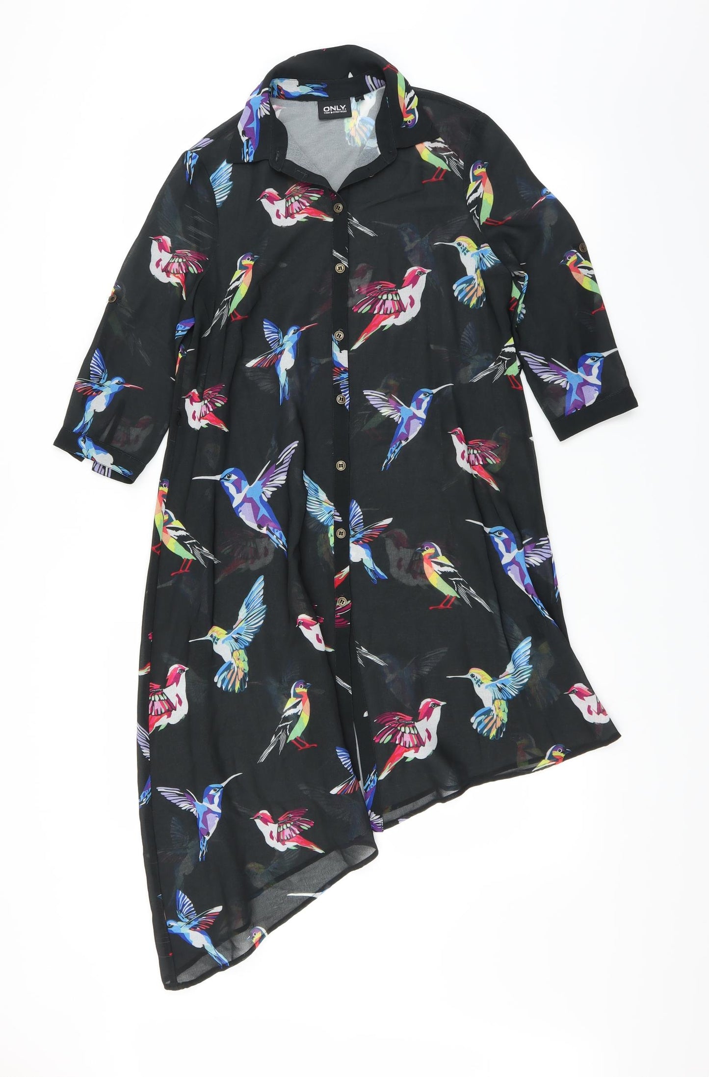 Only Womens Black   Shirt Dress  Size XS  - Asymmetric Hem bird print