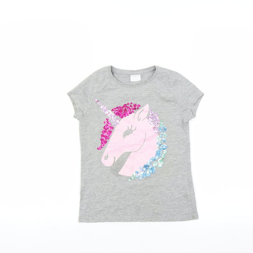 F&F Girls Grey   Basic T-Shirt Size 7-8 Years  - unicorn