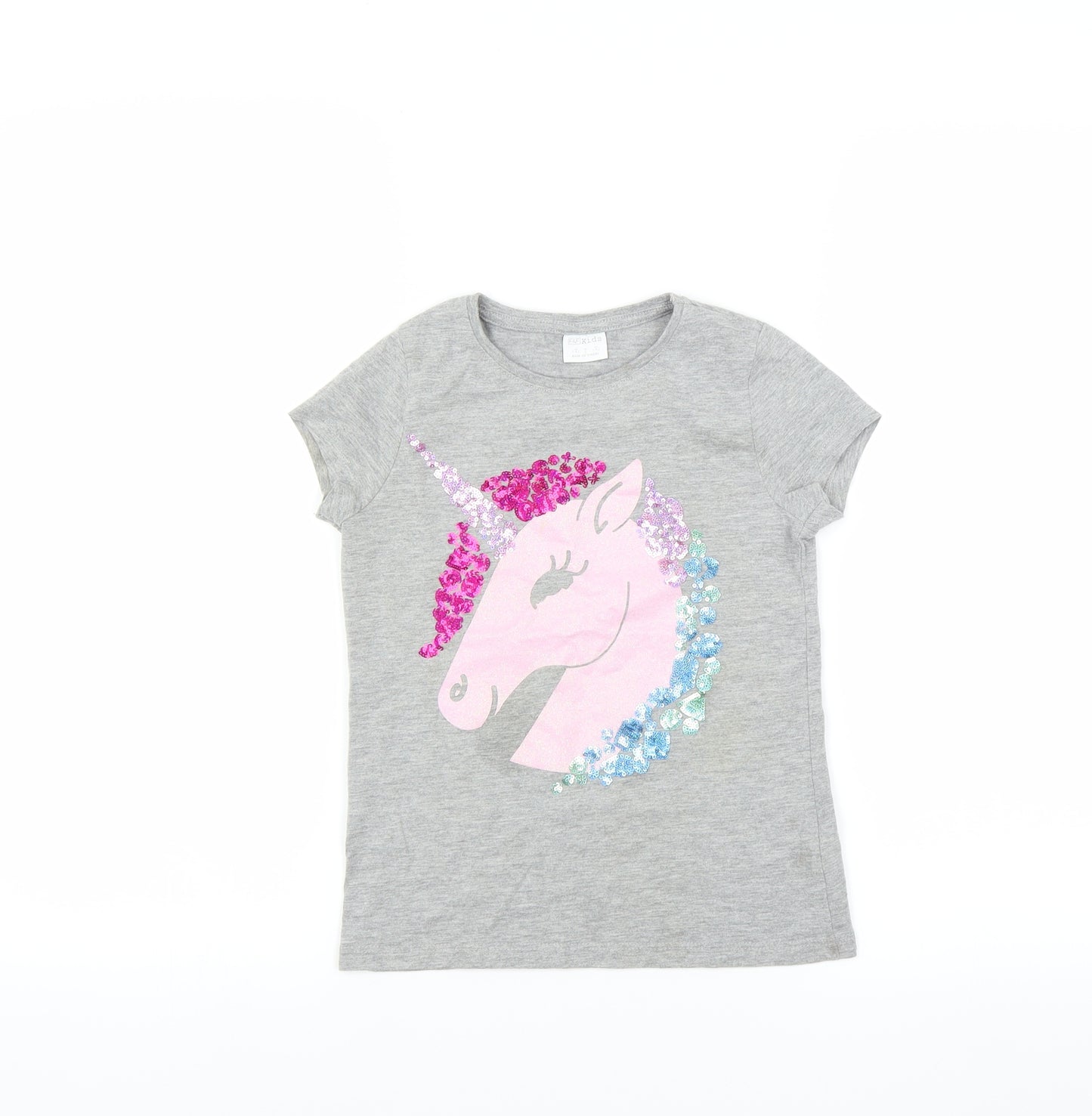 F&F Girls Grey   Basic T-Shirt Size 7-8 Years  - unicorn
