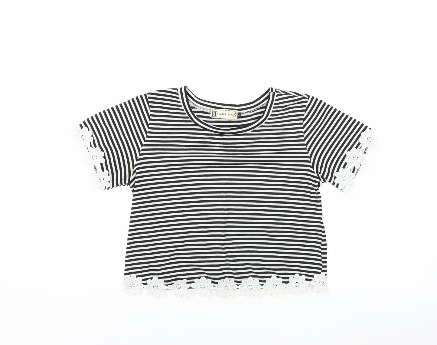 Hearts & Bows Womens Black Striped  Basic T-Shirt Size 8  - CROPPED