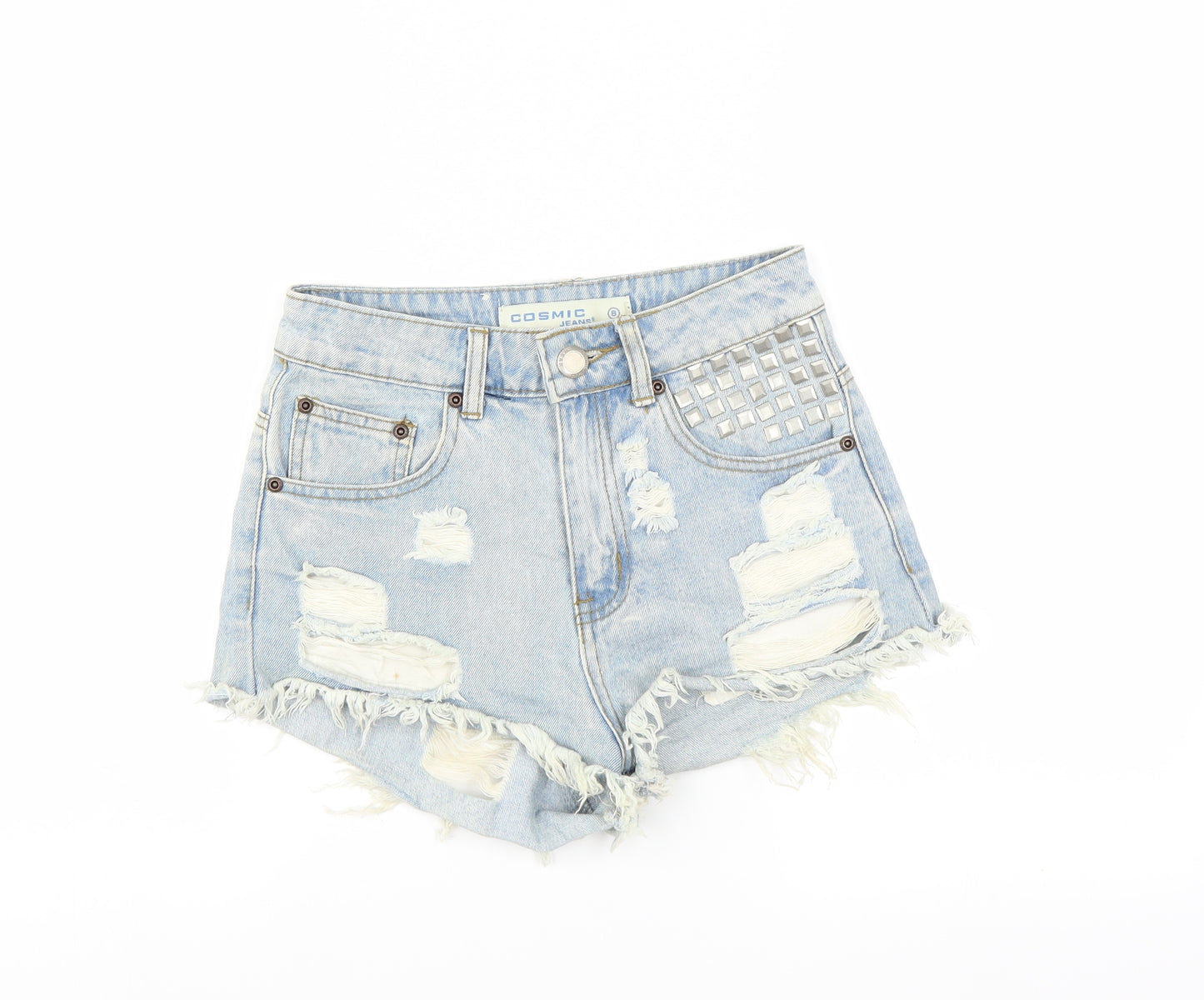 Cosmic Jeans Womens Blue   Hot Pants Shorts Size 8 - DISTRESSED