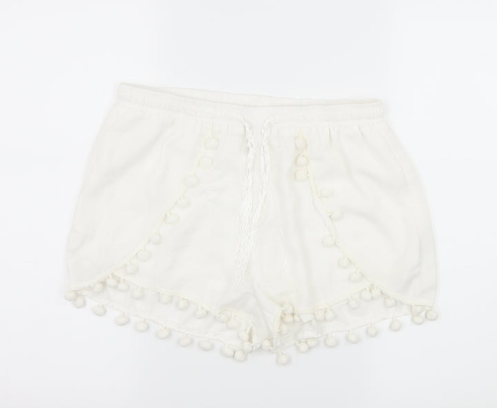 Vera & Lucy Womens White Hot Pants Shorts Size L - Tassel Hem