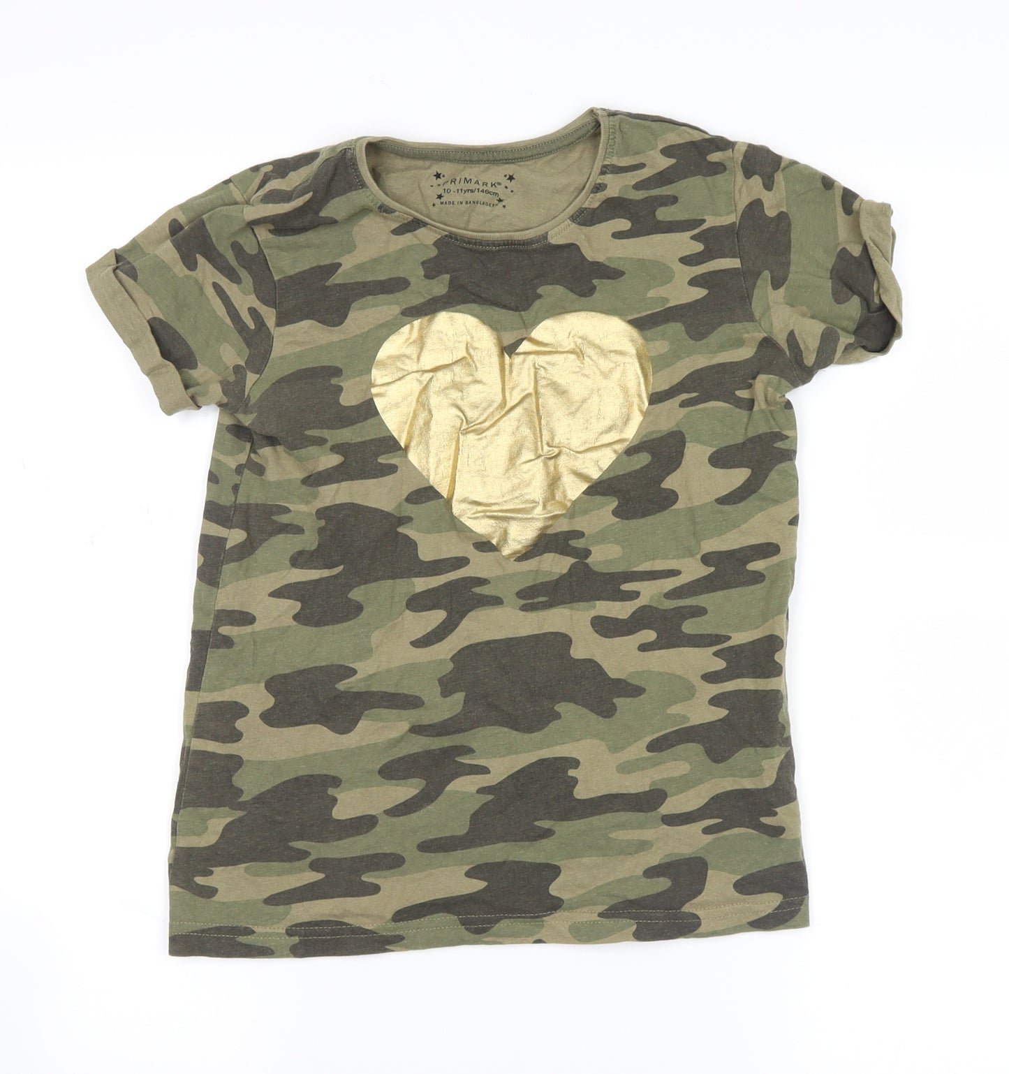 Primark Girls Grey Camouflage  Basic T-Shirt Size 10-11 Years  - gold heart