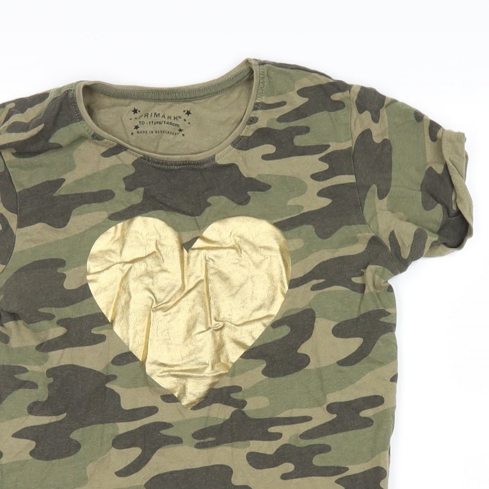 Primark Girls Grey Camouflage  Basic T-Shirt Size 10-11 Years  - gold heart