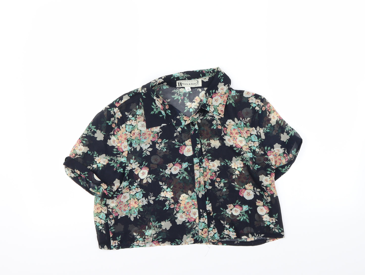 heart & bows Womens Blue Floral  Cropped Button-Up Size 10