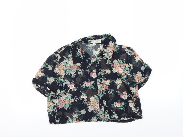 heart & bows Womens Blue Floral  Cropped Button-Up Size 10