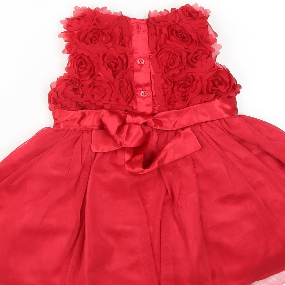 Mini Club Girls Red   Fit & Flare  Size 3-6 Months  - floral detail