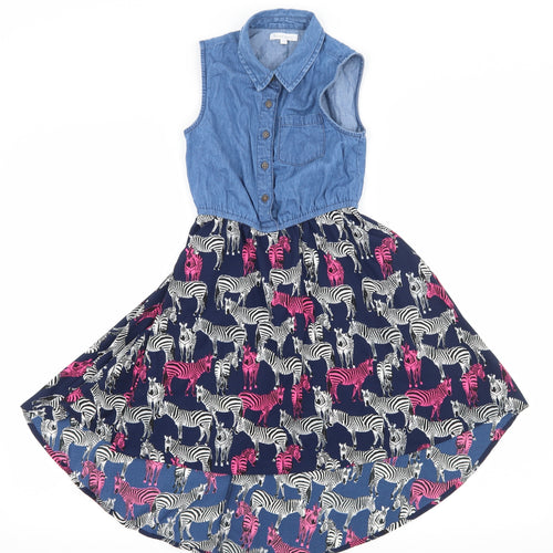 Blue Zoo Girls Blue Geometric Denim Fit & Flare  Size 7 Years  - Zebra