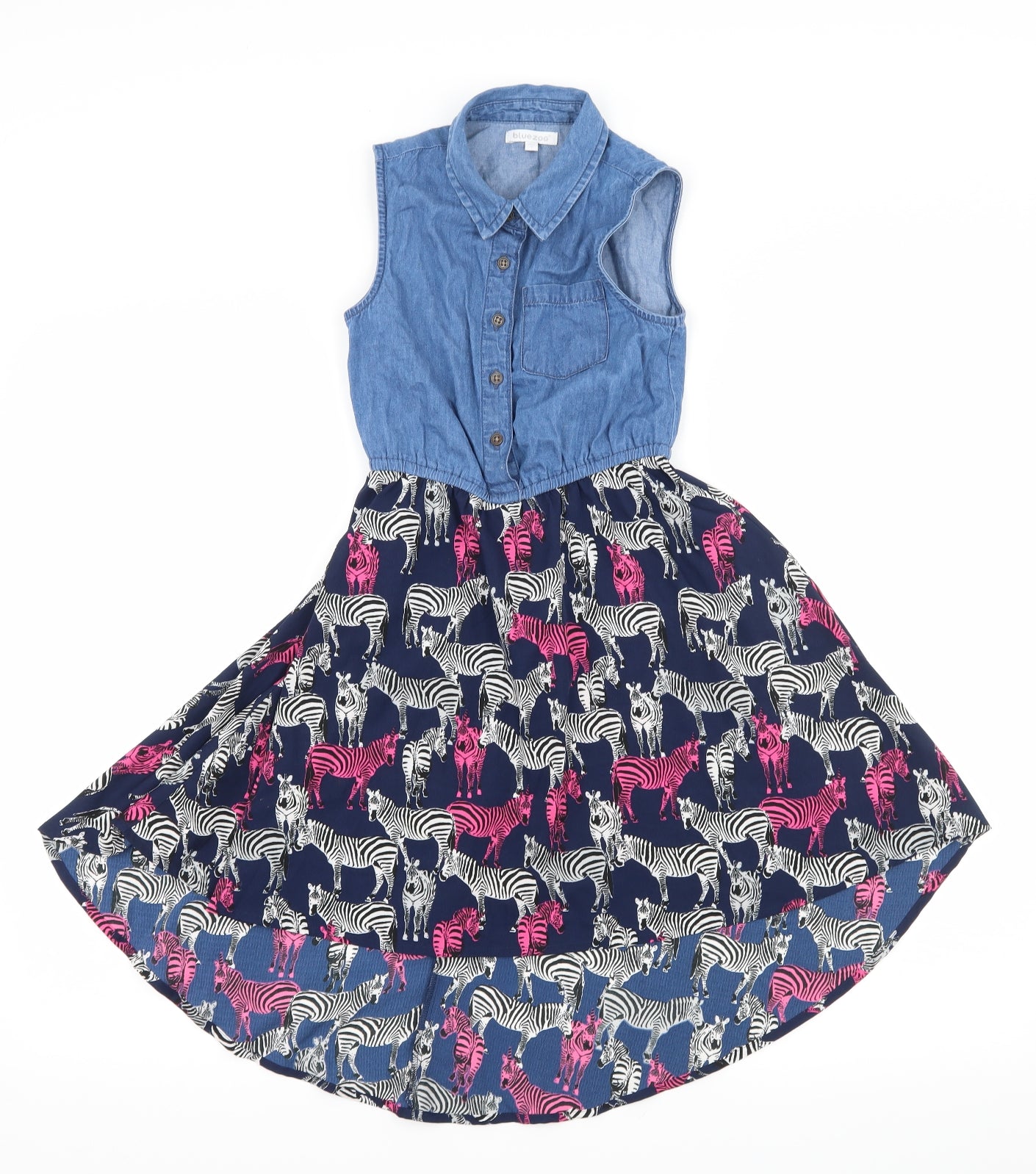 Blue Zoo Girls Blue Geometric Denim Fit & Flare  Size 7 Years  - Zebra