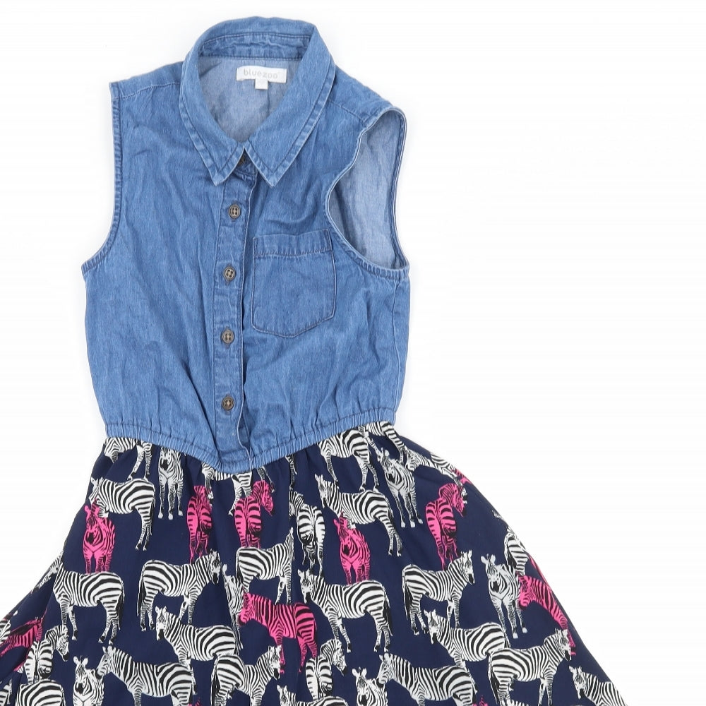 Blue Zoo Girls Blue Geometric Denim Fit & Flare  Size 7 Years  - Zebra