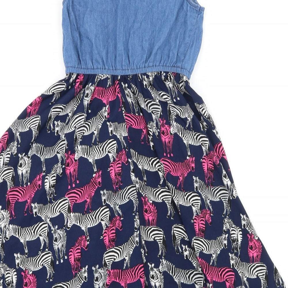 Blue Zoo Girls Blue Geometric Denim Fit & Flare  Size 7 Years  - Zebra