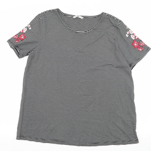 TU Womens Black Striped Jersey Basic T-Shirt Size 12  - Flower Detail