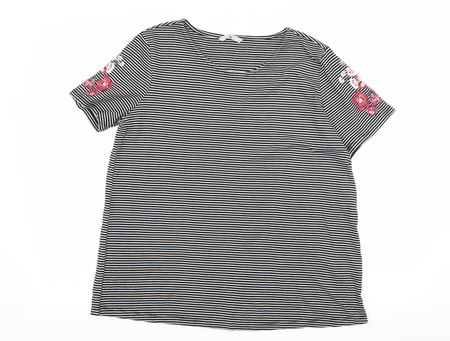 TU Womens Black Striped Jersey Basic T-Shirt Size 12  - Flower Detail