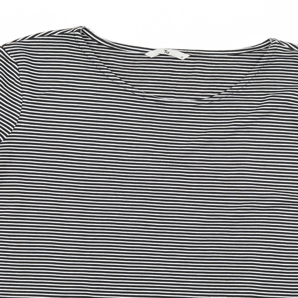 TU Womens Black Striped Jersey Basic T-Shirt Size 12  - Flower Detail