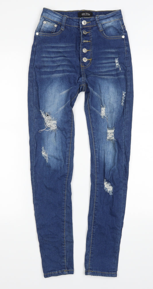 Front view of Denim Wise women’s blue denim skinny jeans, size UK 6, 27-inch leg