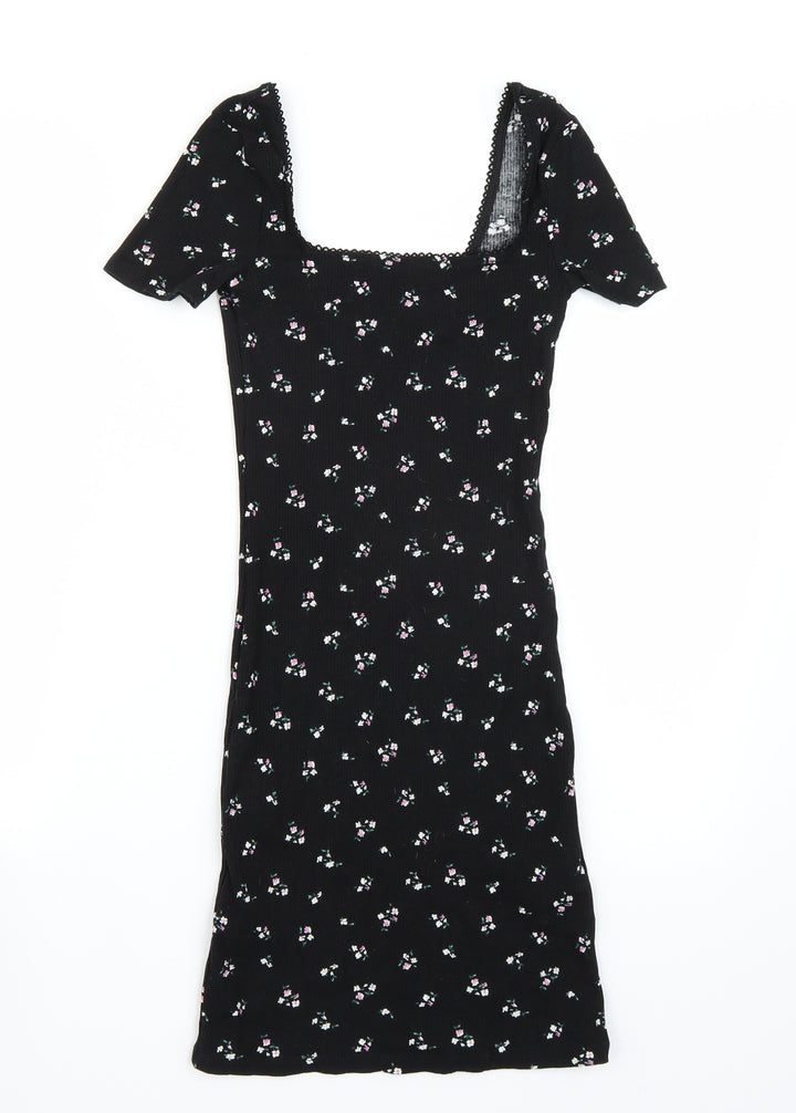 H&M Womens Black Floral Rayon A-Line  Size XS
