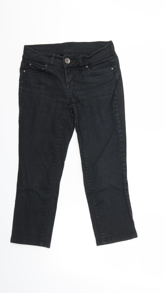 Front view of United Colors of Benetton women’s black denim cropped jeans, size UK 28, in, 21-inch leg