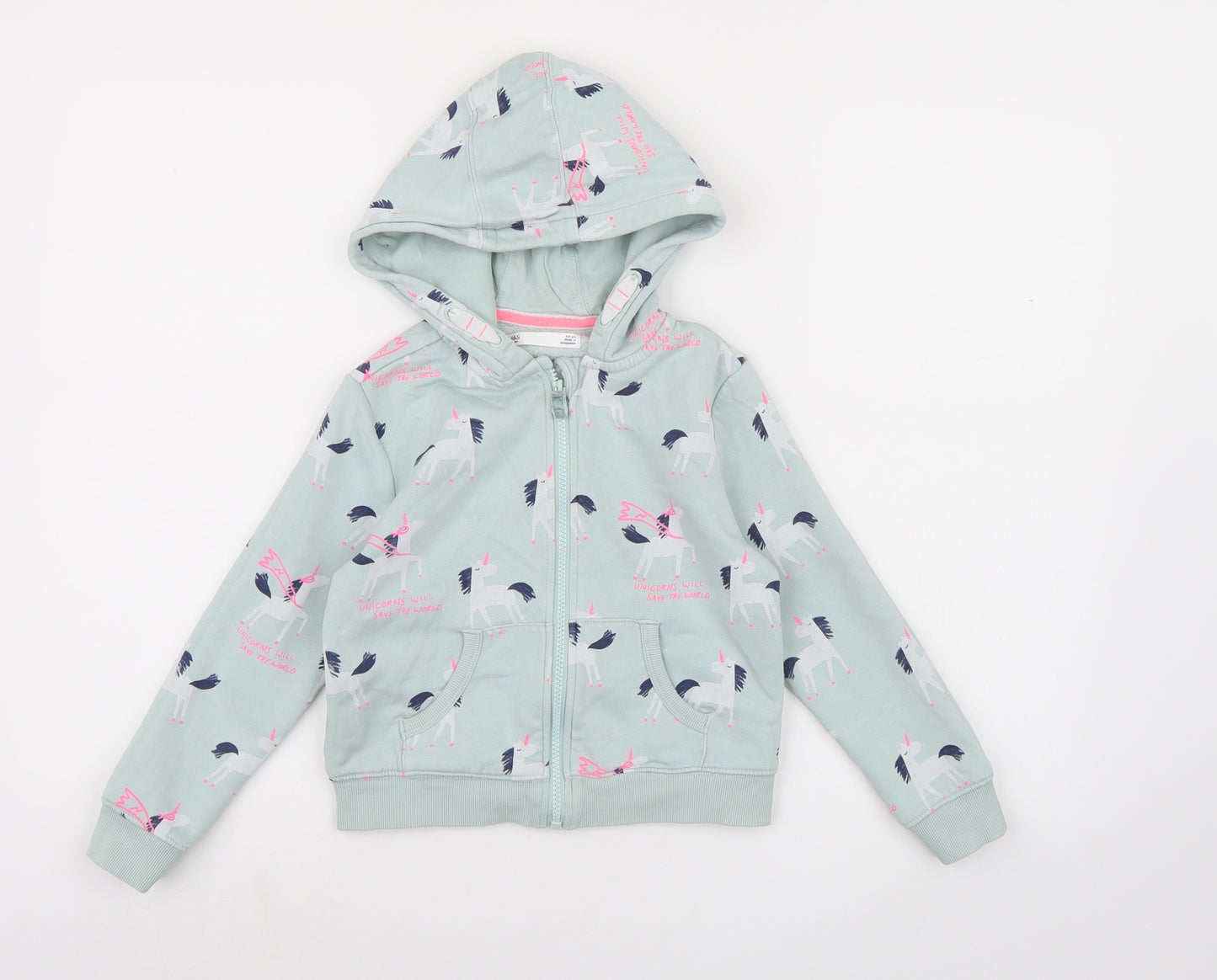 Marks and Spencer Girls Blue  Jersey Full Zip Hoodie Size 5-6 Years  - unicorn print