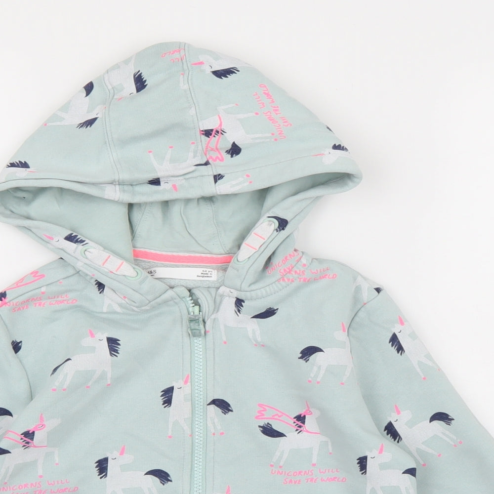 Marks and Spencer Girls Blue  Jersey Full Zip Hoodie Size 5-6 Years  - unicorn print