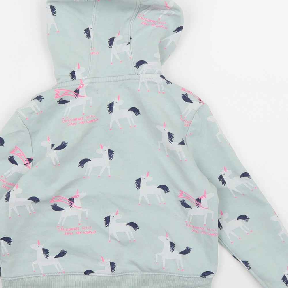 Marks and Spencer Girls Blue  Jersey Full Zip Hoodie Size 5-6 Years  - unicorn print